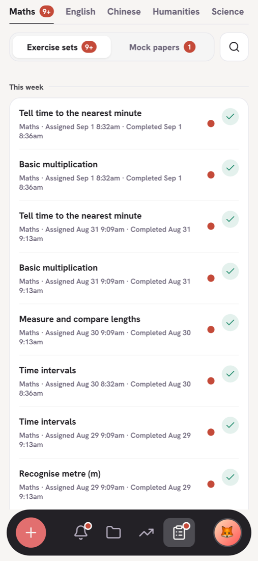 A week of practice sets, each one aimed at a named skill
