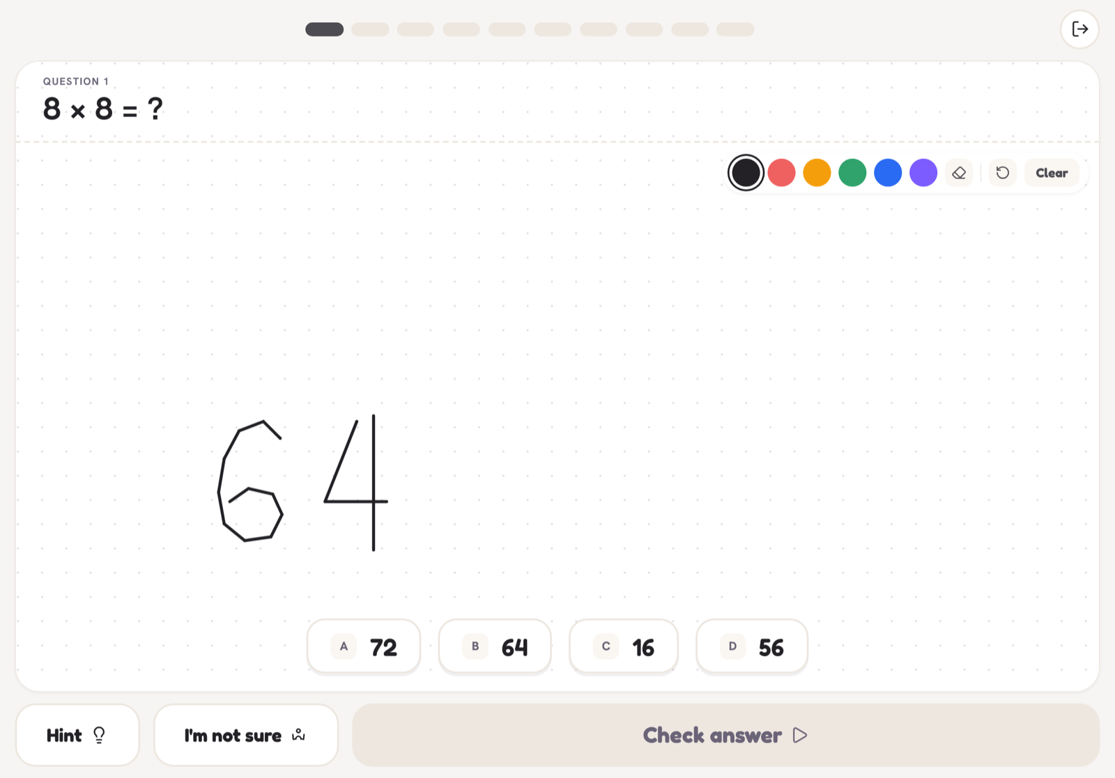 Kid mode: one question, four options, and a pad to show the working